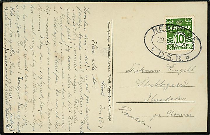 10 øre Bølgelinie på brevkort annulleret med ovalt jernbanestempel HERFØLGE * D.S.B. * d. 29.7.1929 til Knudsker pr. Rønne på Bornholm. 