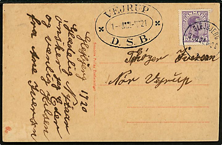 15 øre Chr. X på brevkort fra Glejbjerg d. 31.12.1920 til Nørre Vejrup. Ank.stemplet med ovalt jernbanestempel VEJRUP * D.S.B. * d. 1.1.1921. Jernbanestation på Bramminge - Grindsted banen. Ikke registreret af Bendix.