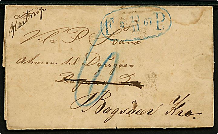 1867. Ufrankeret fodpostbrev med håndskrevet bynavn “Kastrup” og ovalt stempel F:P: d. 18.11.1867 til Bagsværd Kro. Brevsamlingssted blev oprettet i Kastrup pr. 1.7.1865 og Bagsværd Kro var brevsamlingssted i perioden 1.8.1858-30.6.1871. 