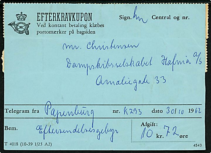 1 kr. Portomærke (10), 1 øre (2), 10 øre Bølgelinie og 60 øre Selandia annulleret “Porto at betale” på bagsiden af Efterkravskupon - formular T4018 (10-59 1/25 A2) - med afgift på 10,72 kr. til Dampskibsselskabet Hafnia i Kbh. 30.10.1962 for eftersendelse af Telegram fra Papenburg. 