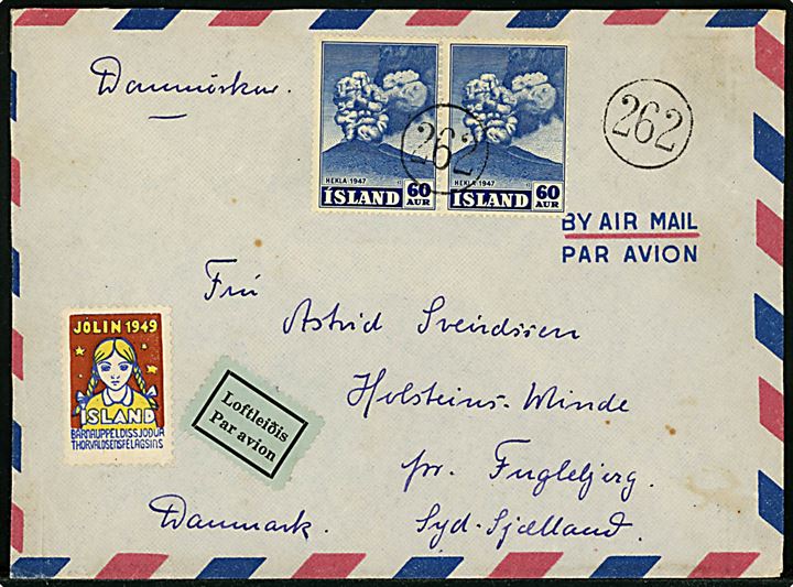 60 aur Hekla (par) og Thorvaldsen Forening Julemærke 1949 på luftpostbrev annulleret med nr.stempel “262” (= Varmahlid) til Holsteins-Minde pr. Fuglebjerg, Danmark.