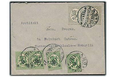 5 pen. (2) Løve og 10/5 pen. Provisorium (4) på 50 pen frankeret brev fra Åbo d. 20.4.1920 til Polnisch Ostrau, Tjekkoslovakiet.
