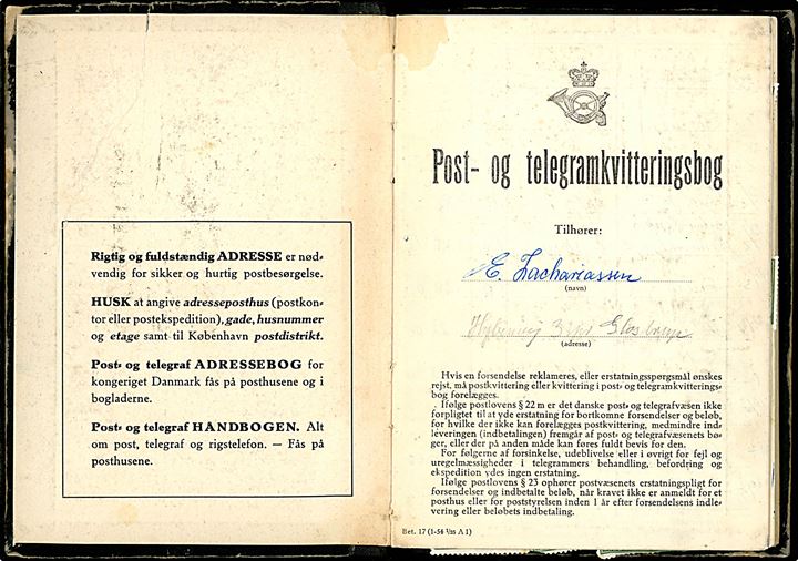 Post- og Telegramkvitteringsbog - Bet. 17 (1-54 1/25 A1) - komplet med 96 sider benyttet i perioden 1958-63. Flere sider med gebyrmærker eller stålstik udg. brugt som gebyr og annulleret med forskellige kontorstempler i København og omegn.