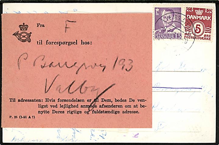 5 øre Bølgelinie og 15 øre Fr. IX på brevkort (Vejers Strand) med brotype IIc fra sommer-postekspeditionen Vejrs Strand sn1 d. 9.7.1954 til København. Omadr. og forespurgt med flere etiketter.