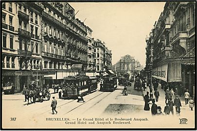 Belgien, Bruxelles, le Grand Hotel et le Boulevard Anspach med sporvogne. 