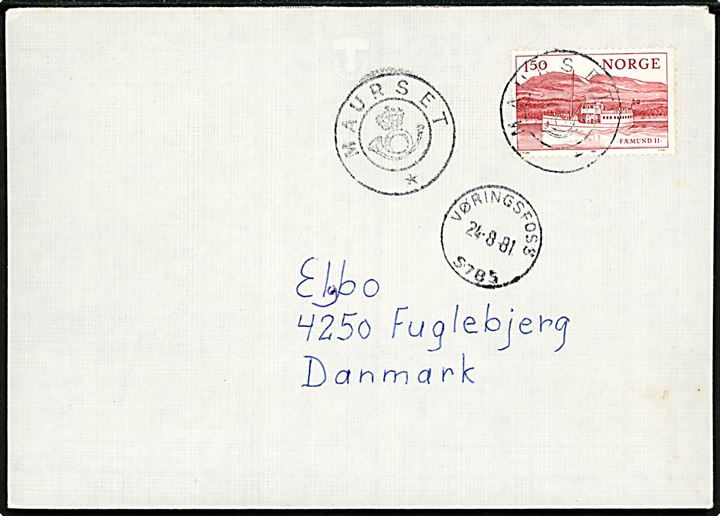 1,50 kr. Fæmund II på brev annulleret med kronet posthornstempel MAURSET og sidestemplet Vøringsfoss d. 24.8.1981 til Fuglebjerg, Danmark.
