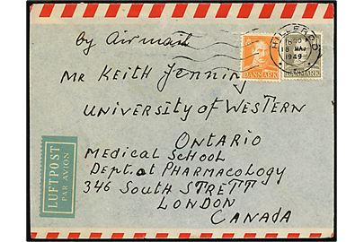 30 øre og 50 øre Chr. X på luftpostbrev fra Hillerød d. 18.5.1949 til London, Canada. Fold.