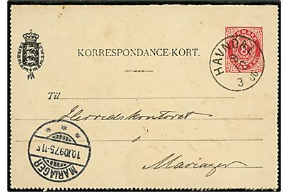 8 øre helsags korrespondancekort annulleret med lapidar Havndal d. 9.10.1897 til Mariager.