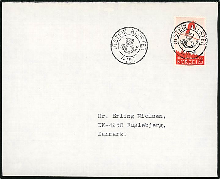 1,25 kr. Holmenkollenløbet på brev annulleret med kronet posthornstempel UTSTEIN KLOSTER 4157 ca. 1980 til Fuglebjerg, Danmark.
