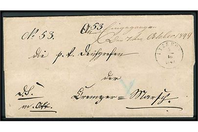 1849. Tjenestebrev med 1½ ringstempel Itzehoe d. 5.10.1849.