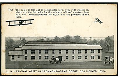 USA, U.S. National Army Cantonment - Camp Dodge, Des Moines, Iowa med flyvemaskiner. Sendt fra dansk håndværker som er ved at opfører militærlejr til 40.000 soldater.