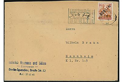 24 pfg. Berlin provisorium på brev annulleret med TMS Luftbrücke Berlin / Berlin Spandau 1 d. 2.10.1948 til Mannheim.