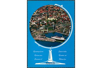 Aarhus, Hilsen fra med globus og Udsigt over havn med færge. Stenders no. 149719305.