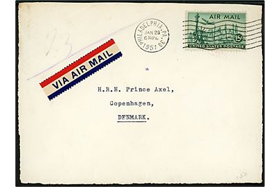 15 cents Luftpost på BREVFORSIDE af luftpostbrev fra Philadelphia d. 29.1.1951 til Hans Kongelige Højhed Prins Axel, København, Danmark.