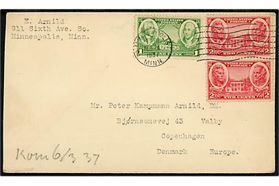 1 cent og 2 cents (par) på brev fra Minneapolis s. 24.2.1937 til Peter Kampmann Arnild, Dannebrogsmand, i Valby, Køenhavn, Danmark.
