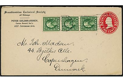 2 cents helsagskuvert påtrykt Scandinavian Technical Society of Chicago opfrankeret med 1 cent Washington (3) fra Chicago d. 20.8.1913 til København, Danmark.