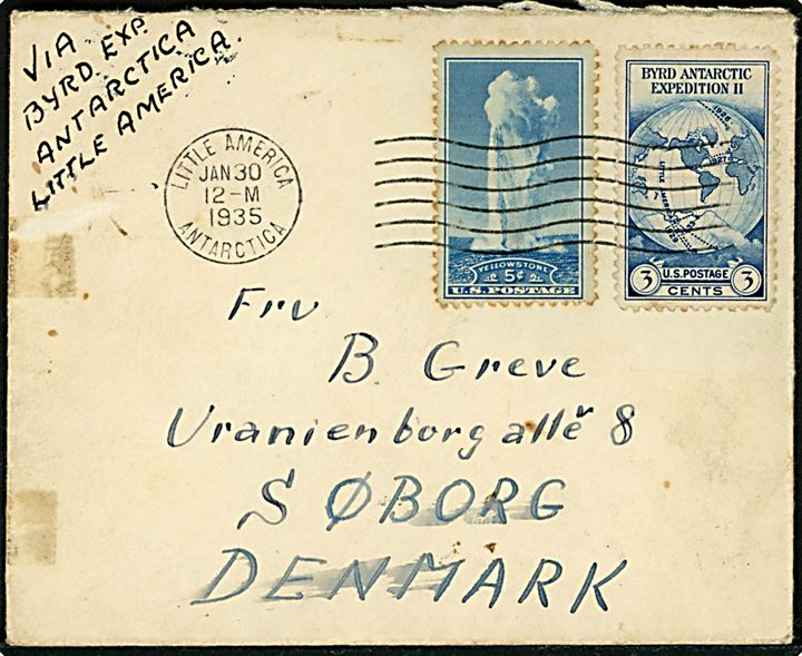 3 cents Byrd Expedition II og 5 cents Yellowstone på brev fra Little America Antarctica d. 30.1.1935 med transit stempel San Francisco /  Little America Mail Received d. 25.3.1935 til Søborg, Danmark. 