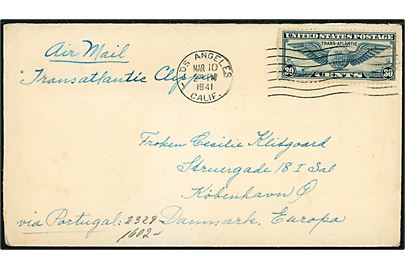 30 cents Winged Globe på luftpostbrev påskrevet Transatlantic Clipper og via Portugal fra Los Angeles d. 10.3.1941 til København, Danmark. Åbnet af tysk censur i Frankfurt.