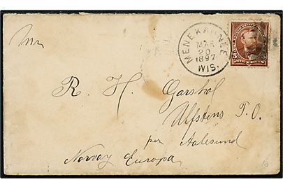 5 cents Grant single på brev annulleret med stumt stempel og sidestemplet Menekaunee Wis. d. 20.3.1897 via New York til Ulfsten pr. Aalesund, Norge.