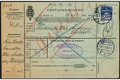 20 øre Bølgelinie sortblå single på retur postopkrævning fra Kjøbenhavn d. 2.1.1913 til Ebeltoft.