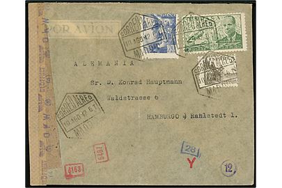 5 cts. Rytter, 70 cts. Franco og 2 pts. Luftpost på luftpostbrev fra Madrid d. 11.8.1942 til Hamburg, Tyskland. Åbnet af spansk og tysk censur.