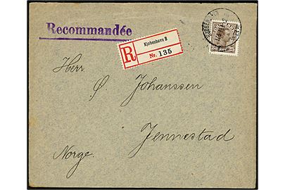 25 øre Chr. X single på anbefalet brev fra Kjøbenhavn d. 17.5.1914 via norske sejlende bureauer Nordlands Posteksp. C d. 19.5.1914, samt Lofotens og Vesteraalens Posteksp. C d. 20.5.1914 til Jennestad, Norge.