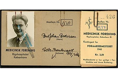 Medicinsk Forening, Rigshospitalet København. Medlemskort med fotografi og kvittering for kontingent 1948.