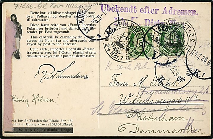 5 øre Posthorn i parstykke på Polhavet brevkort annulleret både 1918 og igen d. 4.8.1924 til København, Danmark. Modtaget i København 1926 med stempel Ubekendt efter Adressen.