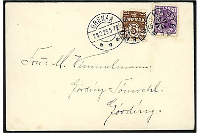 5 øre Bølgelinie og 15 øre Chr. X (begge defekte) på brev annulleret med stjernestempel KASTBJERG og sidestemplet Grenaa d. 28.2.1925 til Gørding.