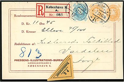 25 øre og 30 øre (par) Chr. X 60 år med perfin PIB på anbefalet brevkort med postopkrævning fra Pressens-Illustrations-Bureau i København d. 28.2.1931 til Værdalen, Norge.