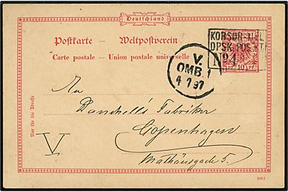 Tysk 10 pfg. helsagsbrevkort fra Kiel annulleret med dampskibsstempel Korsør-Kiel DPSK:POSTKT: No. 4 d. 3.7.1897 til Kjøbenhavn, Danmark.  