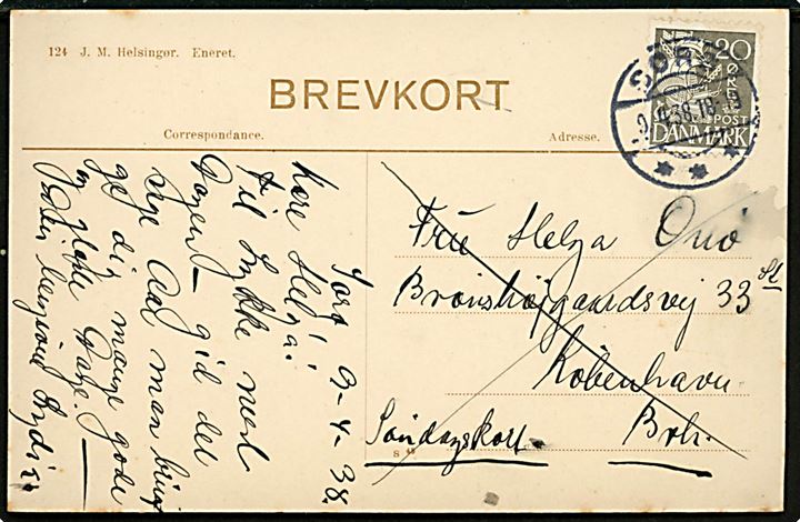 Hellebæk kro med skrænten. Jens Møller no. 124. Ældre brevkort anvendt som søndagsbrevkort i 1938.