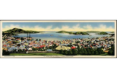 D.V.I., St. Thomas. Dobbeltkort med panorama over Charlotte Amalien og St. Thomas havn. F. E. Cook no. D-4476. Sendt fra Charlotte Amalien V.I. d. 27.11.1937 til Danmark