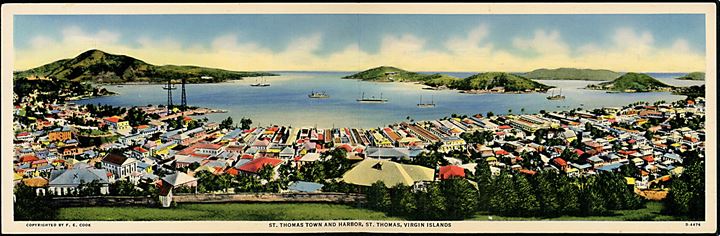 D.V.I., St. Thomas. Dobbeltkort med panorama over Charlotte Amalien og St. Thomas havn. F. E. Cook no. D-4476. Sendt fra Charlotte Amalien V.I. d. 27.11.1937 til Danmark