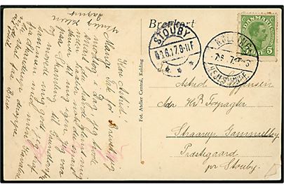 5 øre Chr. X på brevkort annulleret med bureaustempel Kolding - Hejlsminde T.6 d. 7.6.1917 til Stouby.