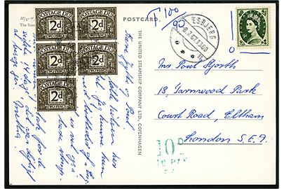 Britisk 9d Elizabeth markeret ugyldig på brevkort (M/S England) og sidestemplet Esbjerg d. 8.7.1967 til London, England. Porto stempel og påsat britisk 2d Portomærke (5) stemplet i London.