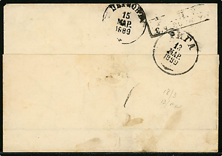 20 øre Posthorn på brev fra Bergen d. 18.3.1889 via Riga til Pernau, Estland, Rusland.