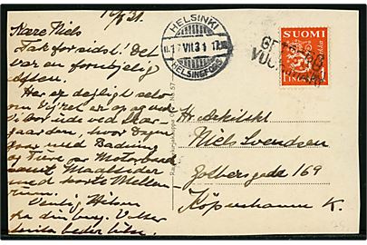1 mk. Løve på brevkort (Sveaborg) annulleret med 2-sproget liniestempel Getberg / Vuohimäki og sidestemplet Helsinki d. 17.7.1931 til København, Danmark.