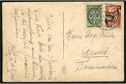 Hollandsk 1½ c. og 5 c. Jamboree udg. på brevkort (Mexicanske spejdere ved Verdensjamboree 1937) annulleret med særligt spejder særstempel Bloemendaal Vogelenzang Wereld Jamboree 4 d. 6.8.1937 til Agersø, Danmark.