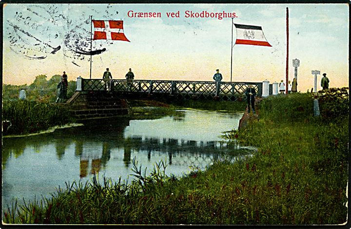 Skodborghus, grænsen ved. P. Hansen u/no. Brugt i Rödding (Schleswig) 1913 til Danmark. 