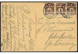 5 øre Bølgelinie (3) på brevkort fra Jelling annulleret med bureaustempel Vejle - Holstebro sn3 T.1187 d. 25.6.1922 til Løsning.