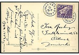 10 öre Postjubilæum på brevkort (FRITIDEN Utställning i Ystad 1936) annulleret med særstempel Ystad * Fritiden * d. 23.8.1936 til Odense, Danmark.