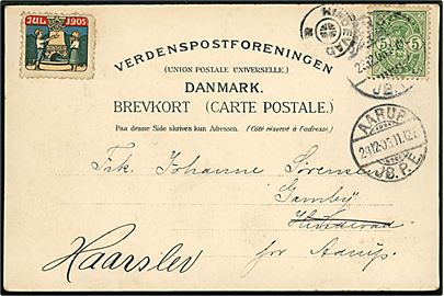 5 øre Våben og Julemærke 1905 på brevkort (Slukefter Kro ved Odense) stemplet Odense JB.P.E. d. 23.12.1905 til Gamby, Hindevad pr. Aarup - Omadresseret til pr. Haarslev med stjernestempel HINDEVAD (type I) og Aarup JB.P.E. d. 24.12.1905.