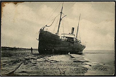 Ituna, S/S af Kopervik, Norge strandet ved Fodslette på Langeland d. 8.1.1908. C. Jenssen-Tusch u/no. Skjolder og afrevet frimærke. 