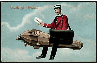 Nytårskort med postbud det kommer med på på en Zeppeliner. Alex Vincents Kunstforlag u/no. 