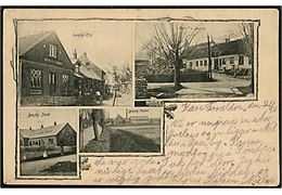Låsby med Kro, Gadeparti, Skole og Mejeri. Tidligt kort med udelt adresse side, anvendt 1915. No. 4873.