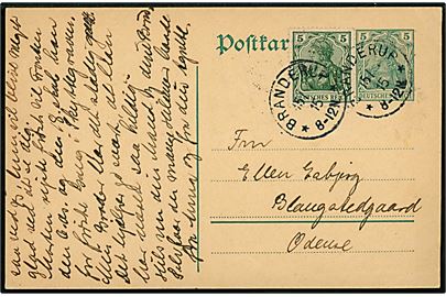5 pfg. helsagsbrevkort opfrankeret med 5 pfg. Germania annulleret Branderup d. 15.11.1915 til Odense, Danmark. Uden tegn på censur. 