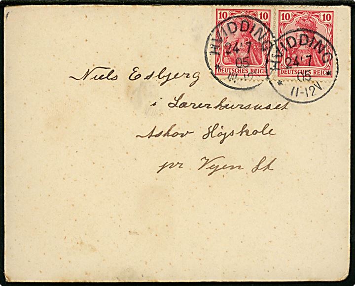 10 øre Germania i parstykke på brev annulleret Hvidding d. 24.7.1905 til Askov Højskole pr. Vejen St., Danmark.