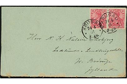 10 pfg. Germania Reichpost i parstykke på brev annulleret Krausau d. 24.6.1901 til Ladelund Landbrugsskole pr. Brørup, Danmark.