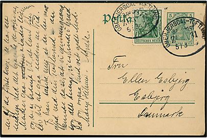 5 pfg. helsagsbrevkort opfrankeret med 5 pfg. Germania fra Branderup annulleret med ovalt bureaustempel Ober Jersdal - Toftlund Bahnpost Zug 31 d. 5.3.1915 til Esbjerg.